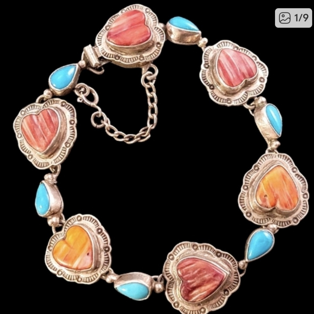 Vintage Spiny Oyster Heart Turquoise Teardrop Sterling Link Bracelet 💙🧡